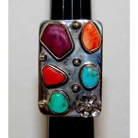 Navajo Orange Red Purple Spiny Cluster Ring Turquoise Sz 8 Sterling Silver