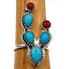 Navajo Cactus Ring Sz 8 Sterling Silver Kingman Turquoise Coral