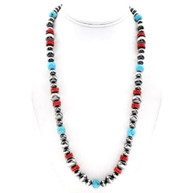 Navajo Pearls Necklace Sterling Silver Turquoise Coral Beads Accents 25"L