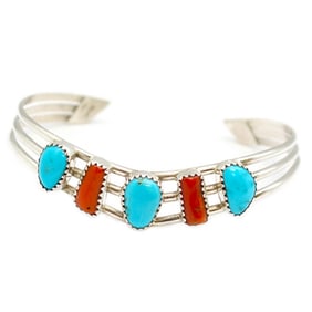 Navajo Turquoise Coral Bracelet Sterling Silver Cuff V-Shaped Design