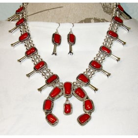 Navajo Mediterranean Coral Squash Blossom Necklace & Earrings Set Sterling