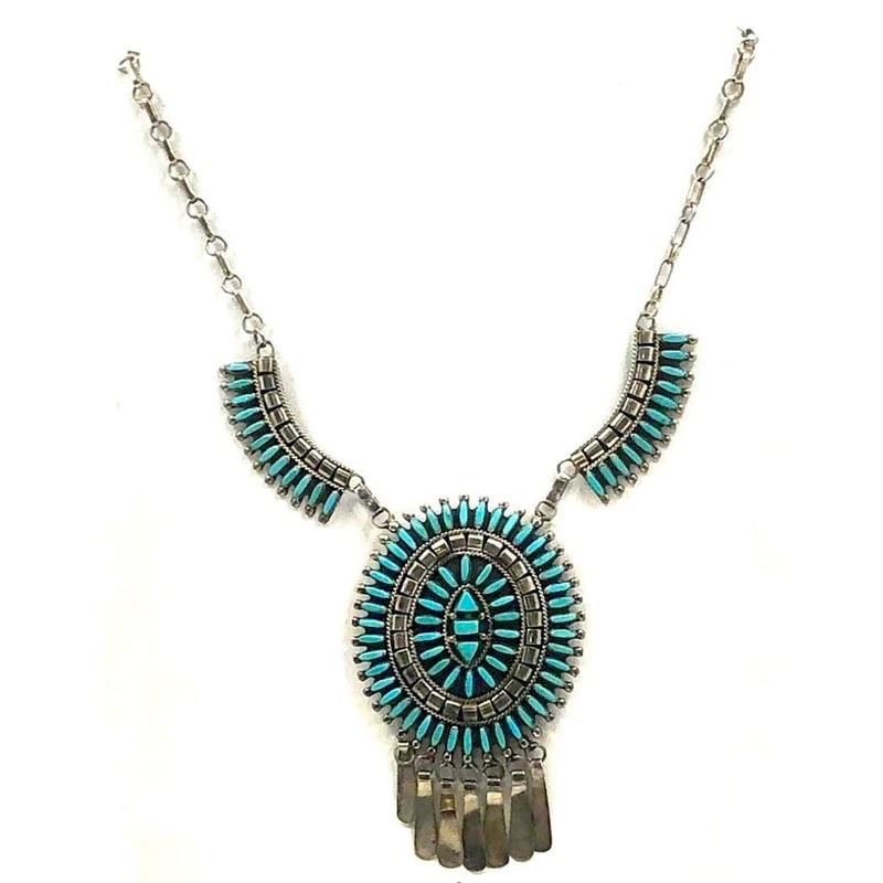 Old Pawn Zuni Turquoise Petit Point Cluster Necklace Sterling Silver Signed (1 of 6)