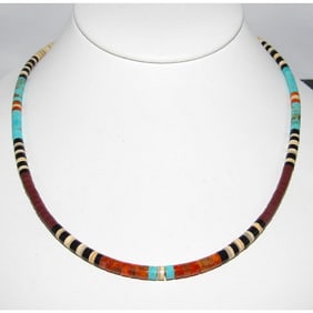 Santo Domingo Rolled Pen Shell, Orange Spiny & Turquoise Heishi Necklace 16"L