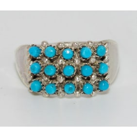 Zuni Snake Eye Turquoise Cluster Ring Size 8.5 Sterling Silver S. Haloo
