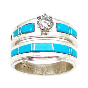 Native American Sterling Silver Navajo Handmade Turquoise Wedding Set Size 7.5