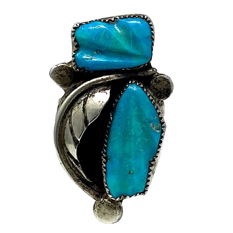 VTG Zuni Turquoise Carvel Leaf l Ring Sz 7 Sterling Silver Signed (1 of 3)