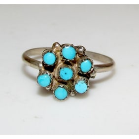 VTG Zuni Snake Eye Turquoise Cluster Ring Size 7 Sterling Silver