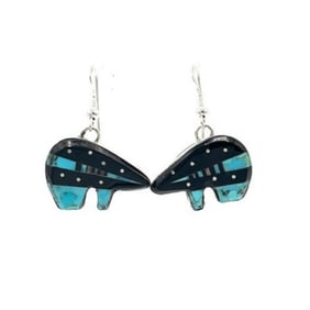 Navajo Ray Jack Turquoise Jet Inlay Bear Earrings Native Signed