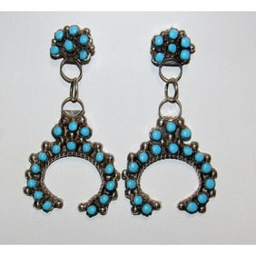 VTG Zuni Snake Eye Turquoise Naja Dangle Earrings Sterling Silver
