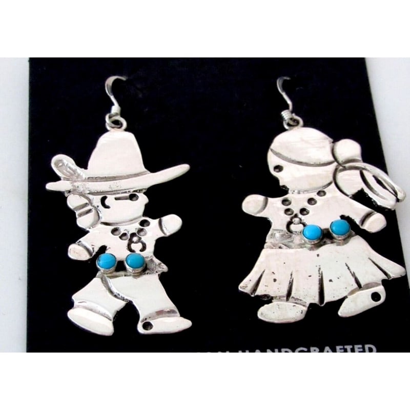 Navajo Men & Woman Dangle Earrings Sterling Silver Turquoise Song Dance Ceremony (1 of 4)