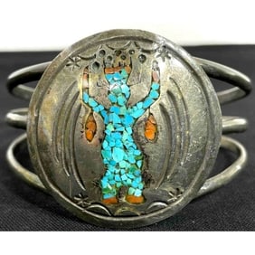 Vintage Navajo Turquoise Coral Kachina Bracelet Sterling Silver Cuff