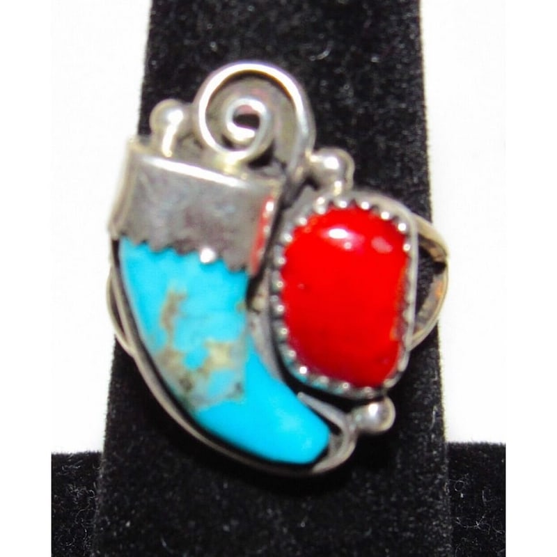 Navajo Turquoise Wolf Claw Coral Ring Sz 8 Sterling Silver Signed (1 of 2)