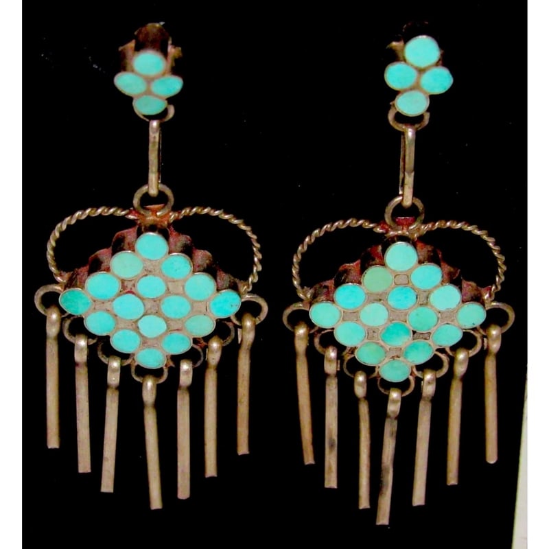 Vintage Zuni Dishta Style Inlay Turquoise Dangle Earrings Sterling Silver (1 of 5)