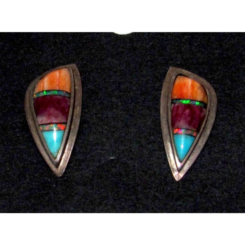 Navajo Turquoise Inlay Post Earrings Opal Spiny Sterling Silver Vintage (1 of 4)
