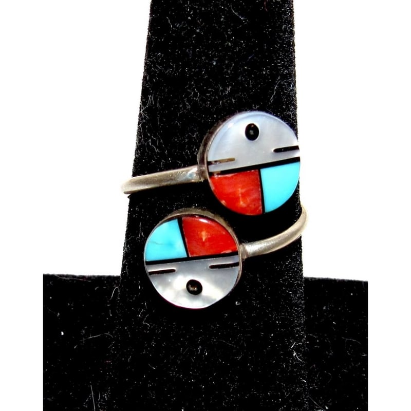 Vintage Zuni Inlay Sunface Ring Adjustable Size 8 Turquoise MOP Sterling Silver (1 of 3)