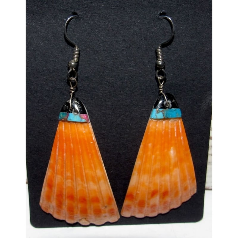 Santo Domingo Orange Spiny Oyster Shell Slab Earrings Silver Wire Turquoise Jet (1 of 3)