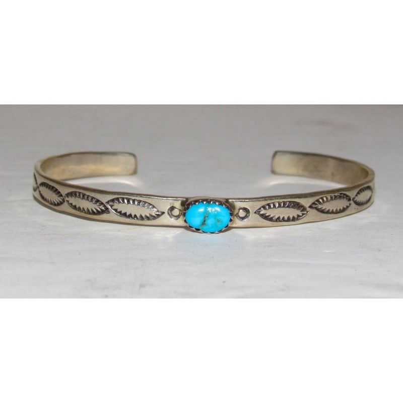Navajo Kingman Turquoise Stacker Cuff Sterling Hand Etched Bracelet Signed (1 of 4)