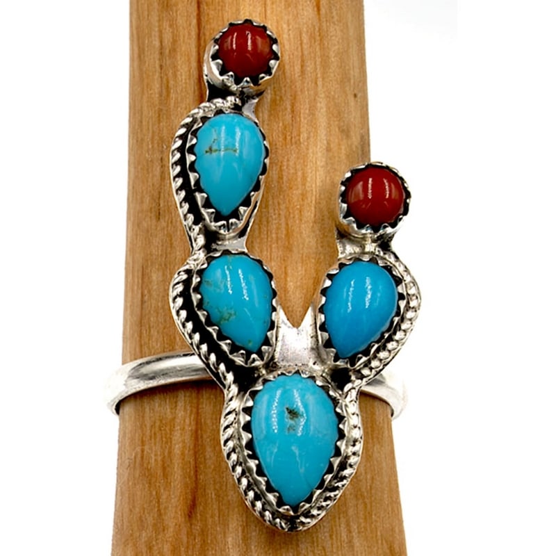 Navajo Cactus Ring Sz 6 Sterling Silver Kingman Turquoise Coral: For your consideration is this fab dainty Native American Navajo sterling silver, turquoise, and coral cactus blossom design ring in size 6. This fabulous ring features an intricately hand etched symb
