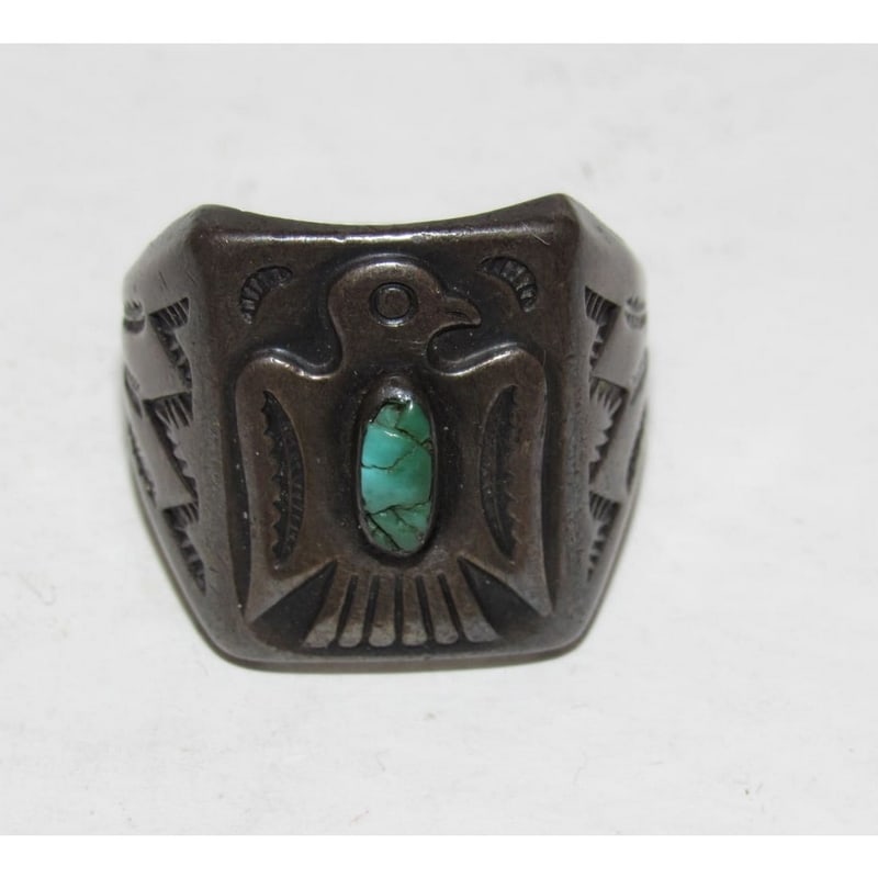 Old Pawn Navajo Fred Harvey Era Turquoise Ring Size 10 Sterling Silver Native (1 of 4)
