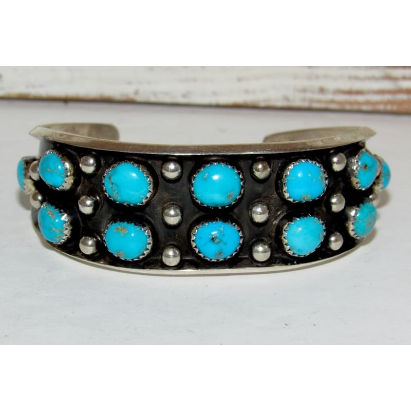 Vintage Navajo Kingman Turquoise Cuff Bracelet Sterling Silver P. Largo (1 of 6)