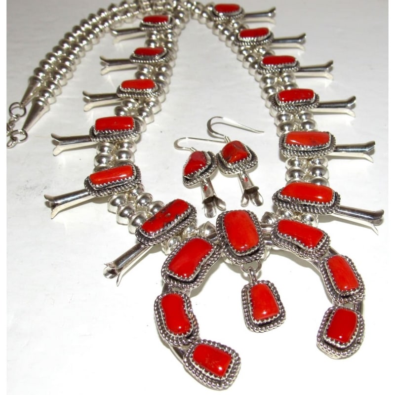 Navajo Mediterranean Coral Squash Blossom Necklace & Earrings Set Sterling A. Johnson: Stunning Native American sterling silver and absolutely gorgeous Mediterranean coral squash blossom necklace and earrings set by the Navajo artist Alice Johnson.. The total length of the necklace and
