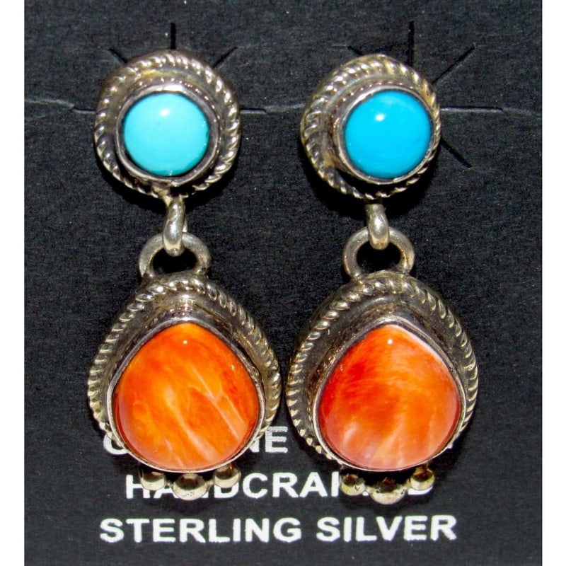 Navajo Turquoise & Orange Spiny Dangle Earrings Sterling Native M. James (1 of 3)