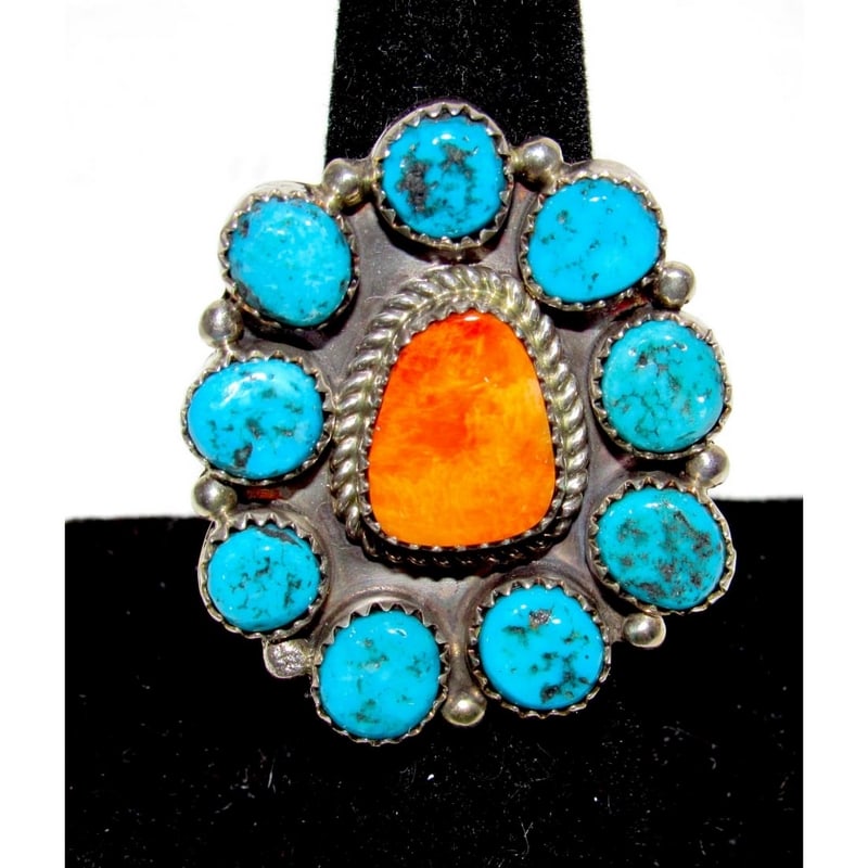 Navajo Cluster Ring Sz 7.5 Orange Spiny Oyster Kingman Turquoise Sterling Silver (1 of 5)