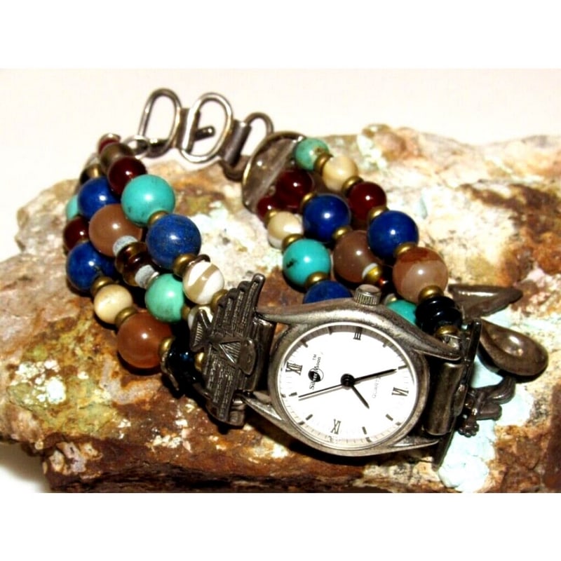 Southwestern Traditions Sterling Silver Turquoise Lapis Beads Charms Watch (1 of 5)