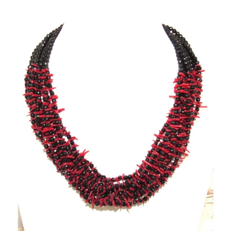 Vintage Navajo Multi-Strand Onyx & Coral Heishi Necklace (1 of 3)