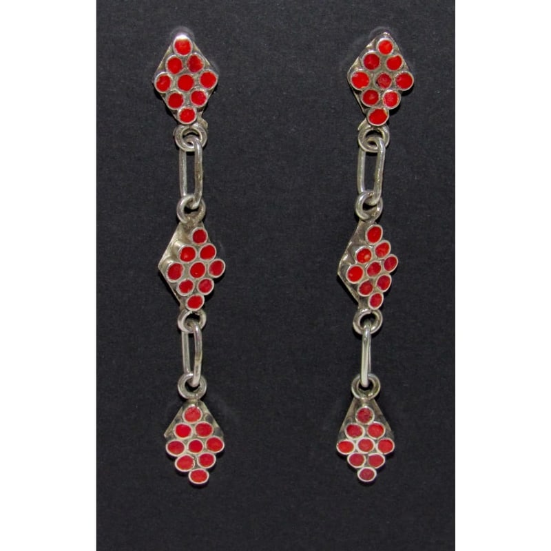 Zuni Dishta Style Inlay Coral Dangle Earrings Sterling Silver (1 of 4)