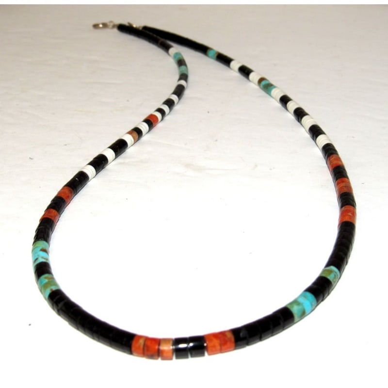 Navajo Rolled Jet,Turquoise Coral Heishi Choker Necklace Native American 18"L (1 of 4)