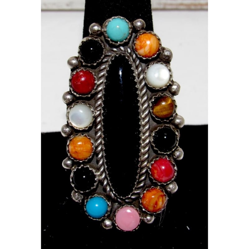 Navajo Onyx Cluster Ring Sz 8.5 Turquoise Lapis Coral Sterling Silver P. Yazzie (1 of 4)