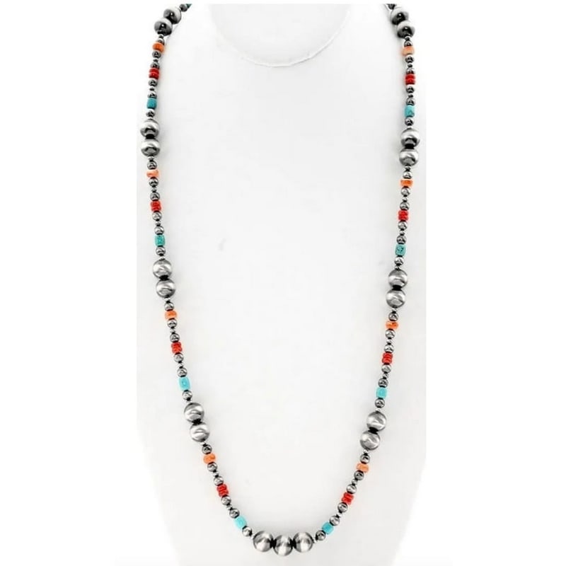 Navajo Pearls Necklace Sterling Silver Turquoise Spiny Graduated Beads 30" Long (1 of 3)