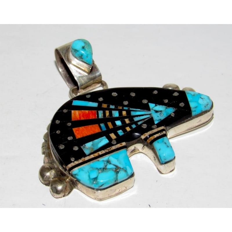 Navajo Ray Jack Bear Pendant Turquoise Spiny Jet Inlay Native American Signed (1 of 3)