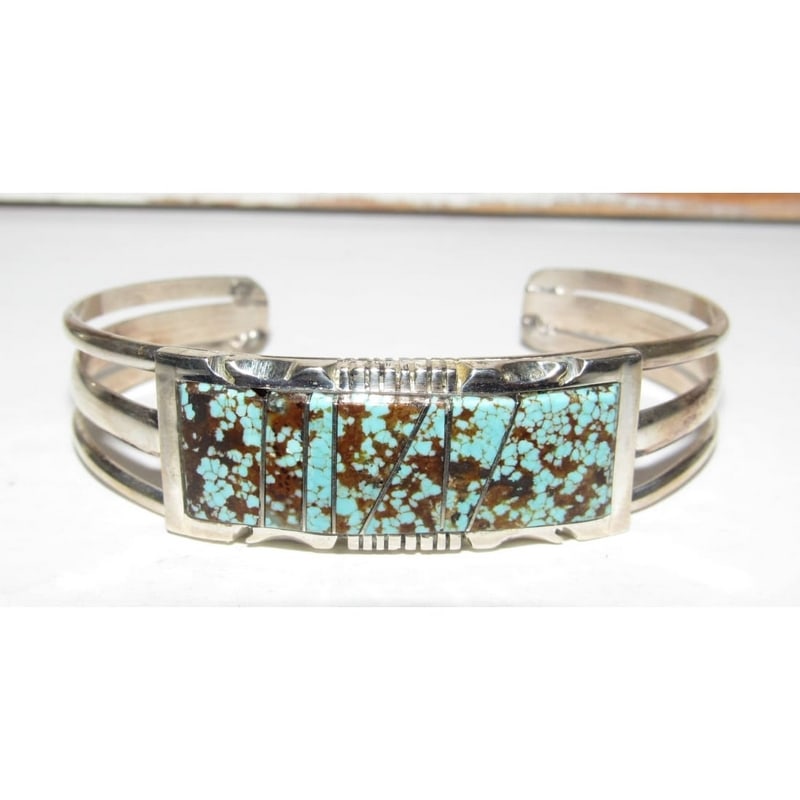 Navajo Number 8 Turquoise Inlay Cuff Bracelet Steve Francisco: Stunning Navajo Number 8 Mine Turquoise and Sterling Silver Cuff Bracelet, a true masterpiece created by Navajo artist Steve Francisco. This extraordinary cuff showcases the captivating hues of Number
