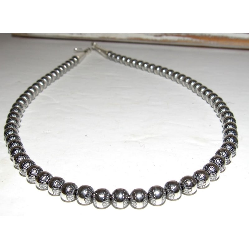 6mm Navajo Pearls Necklace Sterling Silver Stamped Beads Choker Necklace 18"L: Stunning 6mm sterling silver stamped tribal design beads Navajo pearls choker necklace. Measures about 18" long. Gorgeous, elegant & timeless piece that is sure to complement any outfit. Wonderful gif