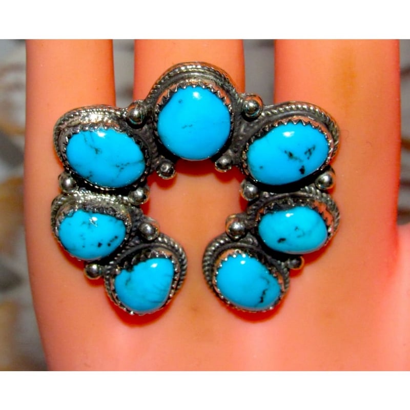 Navajo Naja Ring Size 7.5 Kingman Turquoise Statement Ring Native Signed - 2