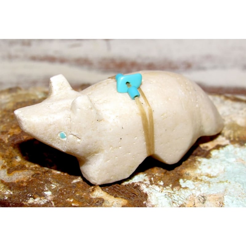 Zuni Fox Fetish – Alabaster with Turquoise Inlay: This Zuni fox fetish is hand-carved from creamy white alabaster and features turquoise inlay eyes and a turquoise heartline accent secured with traditional binding. Measuring approximately 2 inches