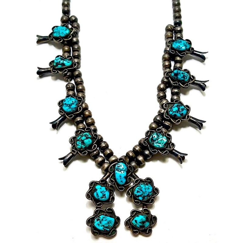 Navajo Squash Blossom Necklace Kingman Turquoise Necklace Sterling Silver (1 of 6)