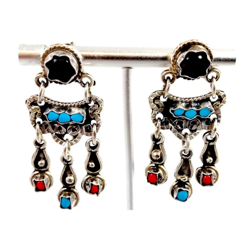 Vintage Taxco Mexico Sterling Silver Turquoise Coral Onyx Accents Dangle Earrings: These vintage Taxco Mexico sterling silver dangle earrings showcase classic mid-century Mexican silversmithing with bold turquoise, coral, and onyx accents set against hand-worked silver. The layered