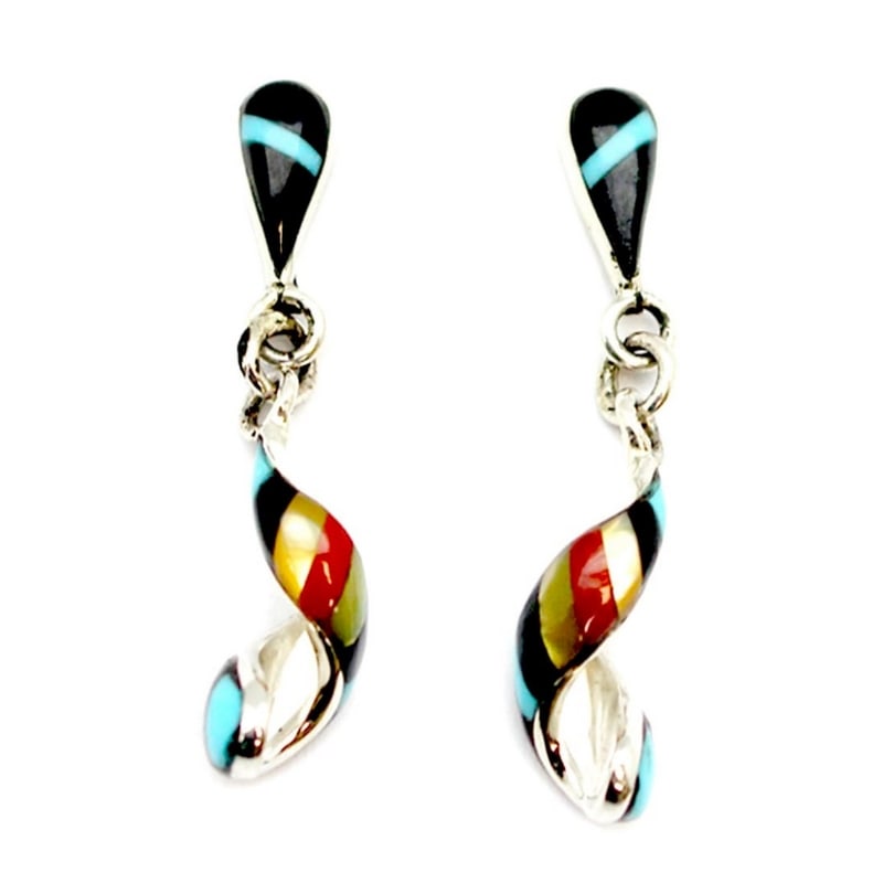 Zuni Inlay Spiral Hoop Earrings Turquoise Coral MOP Sterling Silver Edaakie: Wonderful Zuni Inlay Spiral Hoop Dangle Earrings by I. Edaakie. Turquoise Coral MOP inlay in Sterling Silver setting. Measure about 1 1/2" long by 1/4" wide at spiral swirl part. Stunning traditional