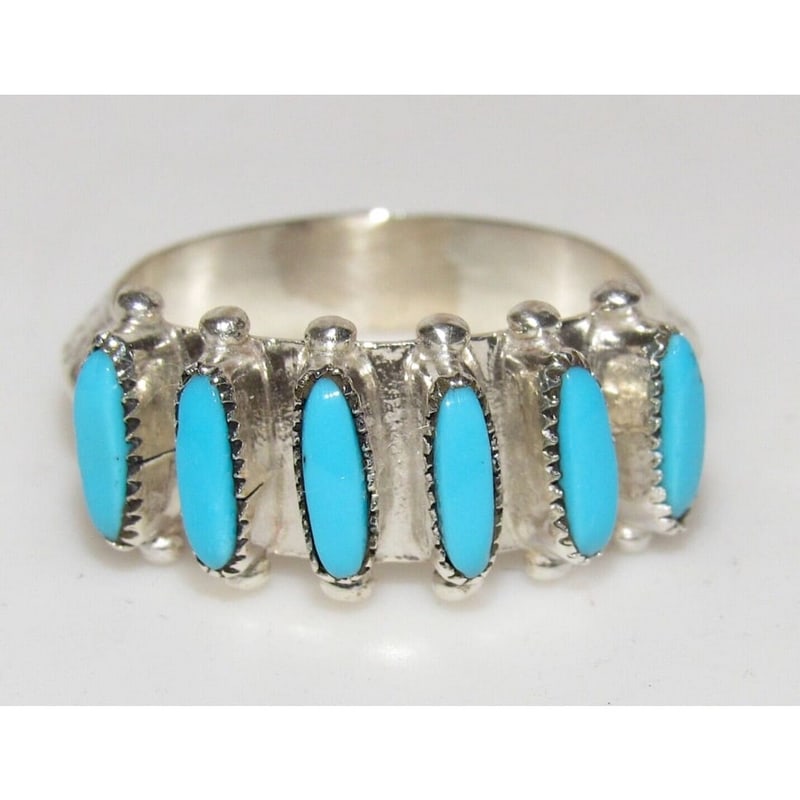 Zuni Sleeping Beauty Turquoise Ring Sz 7.5 Petite Point Design Sterling Silver: For your consideration is this exquisite Native American Zuni sterling silver and Sleeping Beauty mine turquoise ring in size 7.5. Traditional Zuni petit point design. Size 7.5. The ring is singed by