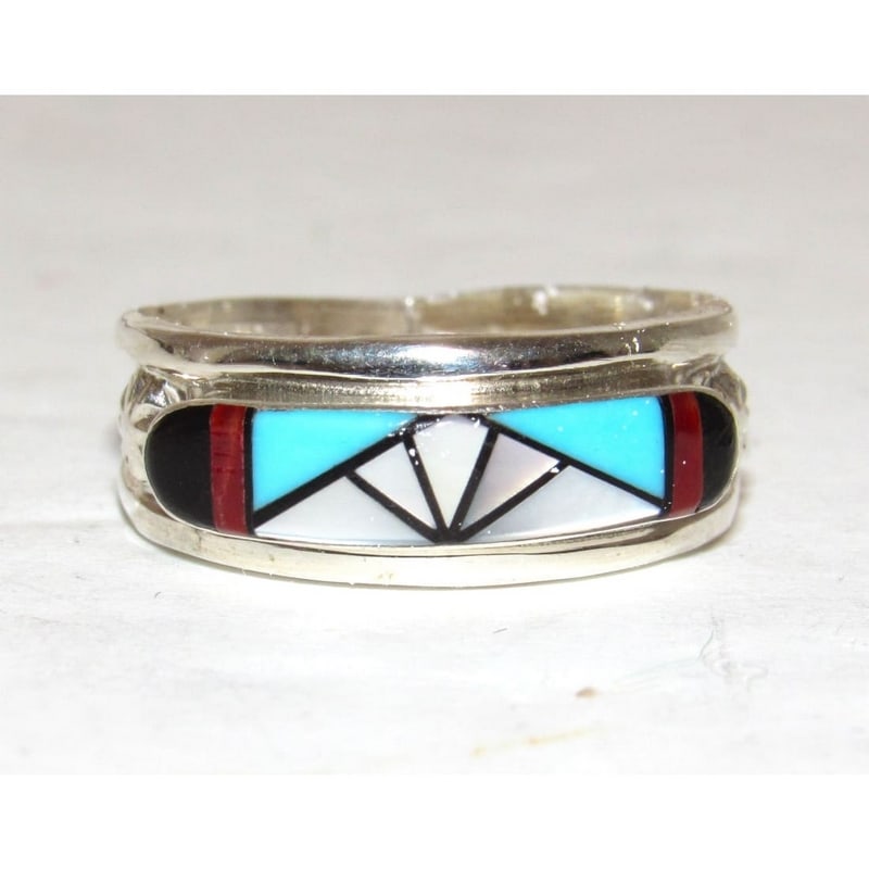 Vintage Zuni Coral Turquoise Inlay Band Ring Size 7 Sterling Silver: For your consideration is this fab vintage Zuni sterling silver and turquoise inlay band ring in size 7.. Traditional Zuni inlay design in sterling silver. Size 7. The ring measures 5/16" wide and tap
