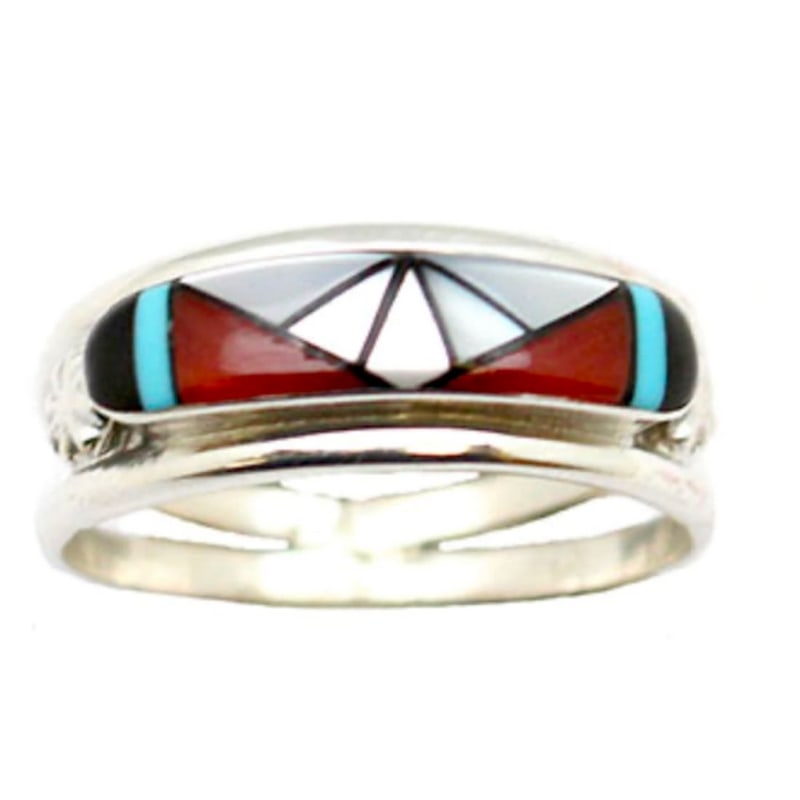 Zuni Coral Turquoise Inlay Band Ring Size 8 Janice Cheama: For your consideration is this fab Zuni sterling silver and turquoise inlay band ring in size 8 by the Zuni artist Janice Cheama. Traditional Zuni inlay design in sterling silver. Size 8. The ring mea