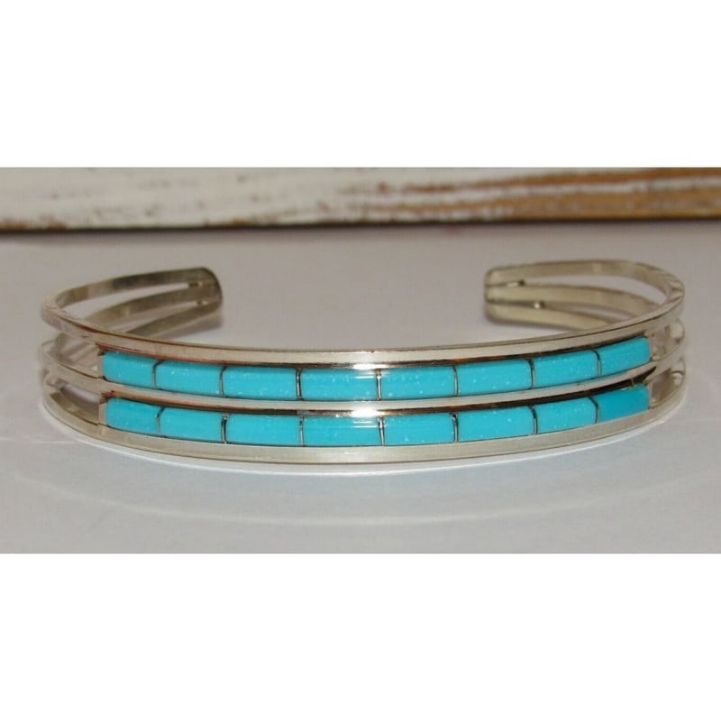 Zuni Turquoise Inlay Stacker Cuff Bracelet Sterling A. Wallace (1 of 7)