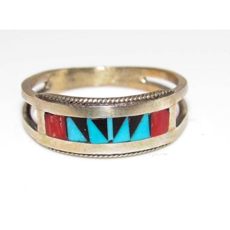 Vintage Zuni Coral Turquoise Inlay Band Ring Size 8 Sterling Silver (1 of 3)