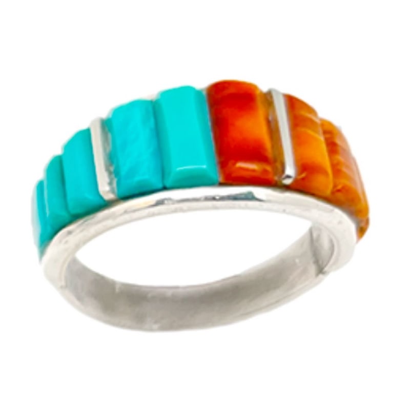 Navajo Turquoise Spiny Cobble Inlay Ring Sz 9 Sterling Silver Edison Yazzie: Elevate your jewelry collection with the Navajo Sterling Silver Turquoise & Spiny Oyster Cobble Inlay Ring, a stunning creation by the Navajo artisan Edison Yazzie. This exquisite ring showcases the a