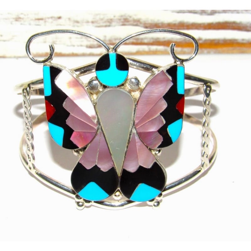 Massive Zuni Inlay Butterfly Cuff Bracelet Sterling Silver Alison Dishta (1 of 5)