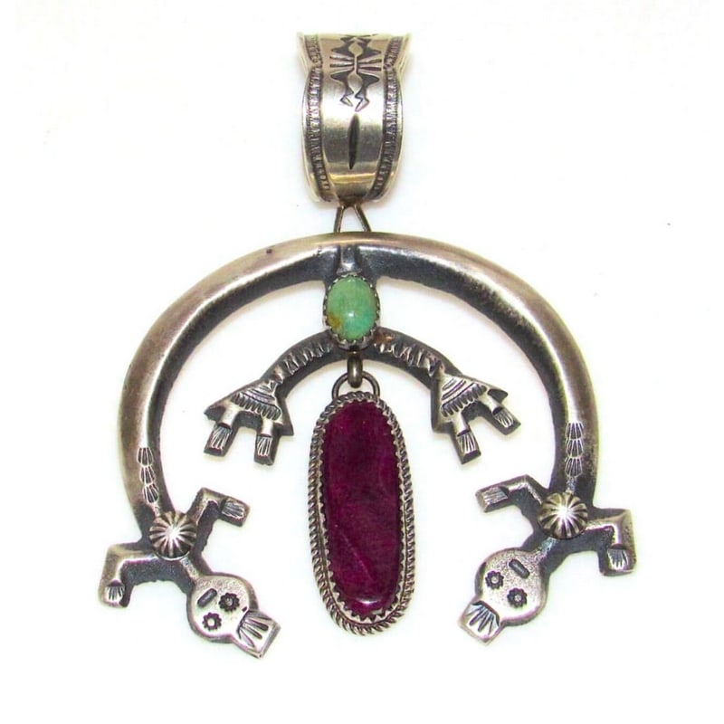 Navajo V. Cayatineto Navajo Turquoise Purple Spiny Sterling Silver Naja Pendant: Martha Cayatineto Turquoise & Sterling Naja Pendant Phenomenal Navajo Victor Cayatineto Navajo Turquoise Purple Spiny Sterling Silver Naja PendantThe pendant measures about 3 inches top to bottom Incl