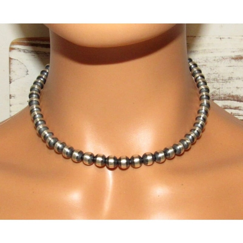 Navajo Pearls Necklace 6mm Sterling Silver Beads Choker Necklace 16"L: Stunning 6mm Navajo pearls choker necklace. Sterling silver Navajo beaded necklace. Measures about 16" long. Gorgeous, elegant & timeless piece that is sure to complement any outfit. Wonderful gift fo
